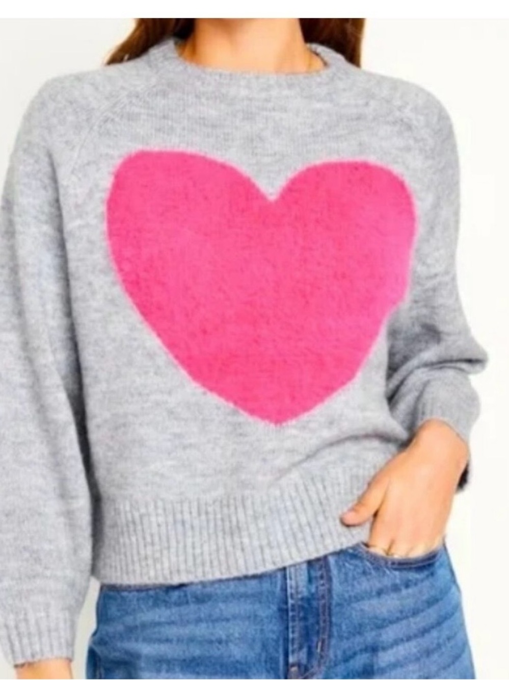 Old Navy Gray Crewneck Sweater with Pink Heart